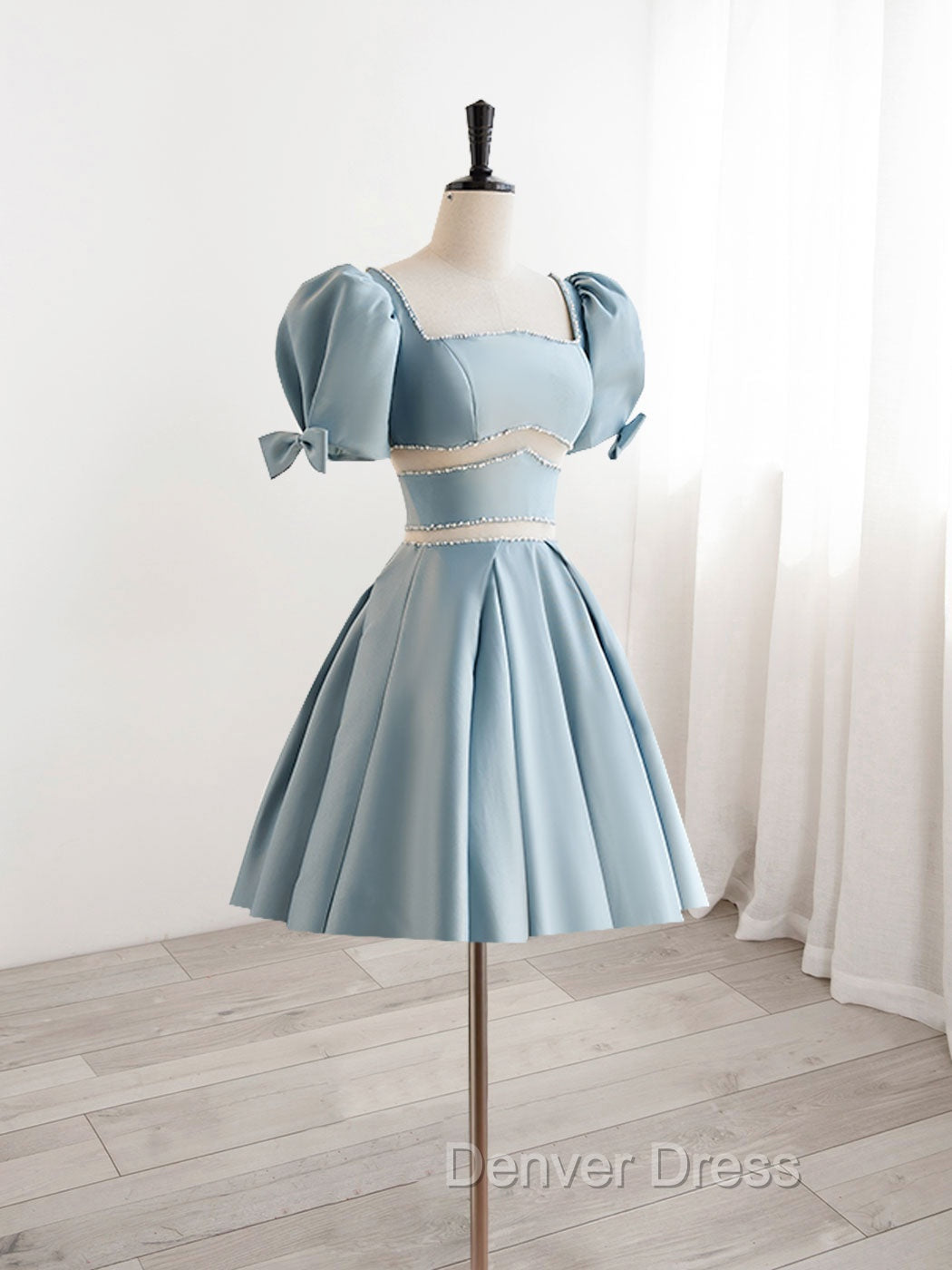 A-Line Square Neckline Blue Short Prom Dresses, Cute Blue Homecoming Dresses