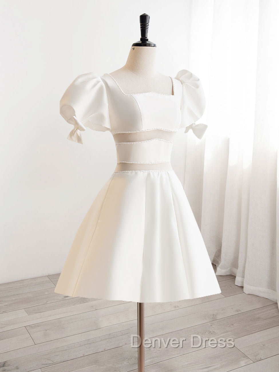 A Line Square Neckline Ivory Short Prom Dress, Cute lvory Homecoming Dresses