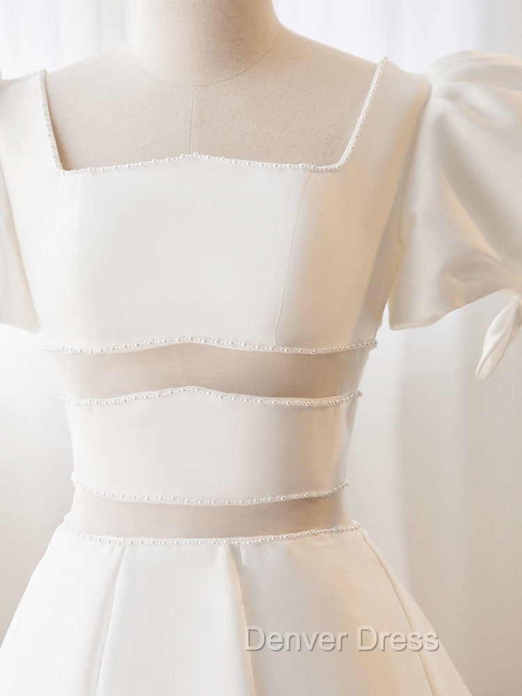 A Line Square Neckline Ivory Short Prom Dress, Cute lvory Homecoming Dresses