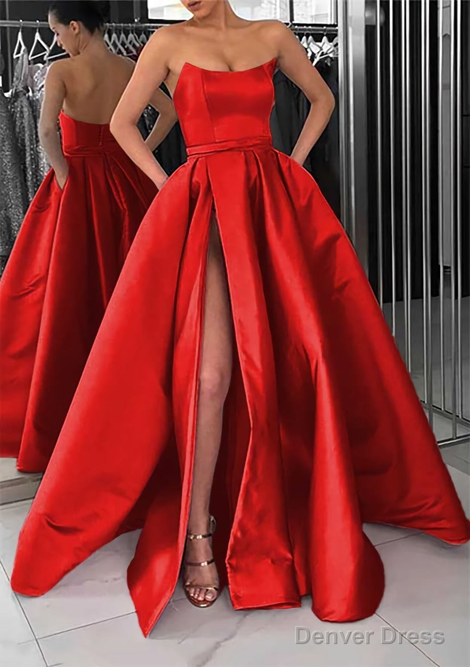 A Line Square Neckline Long Floor Length Satin Prom Dresses With Pockets Split