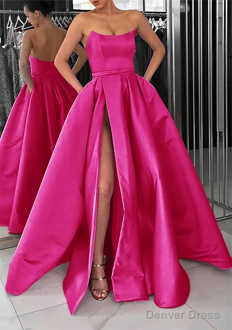 A Line Square Neckline Long Floor Length Satin Prom Dresses With Pockets Split