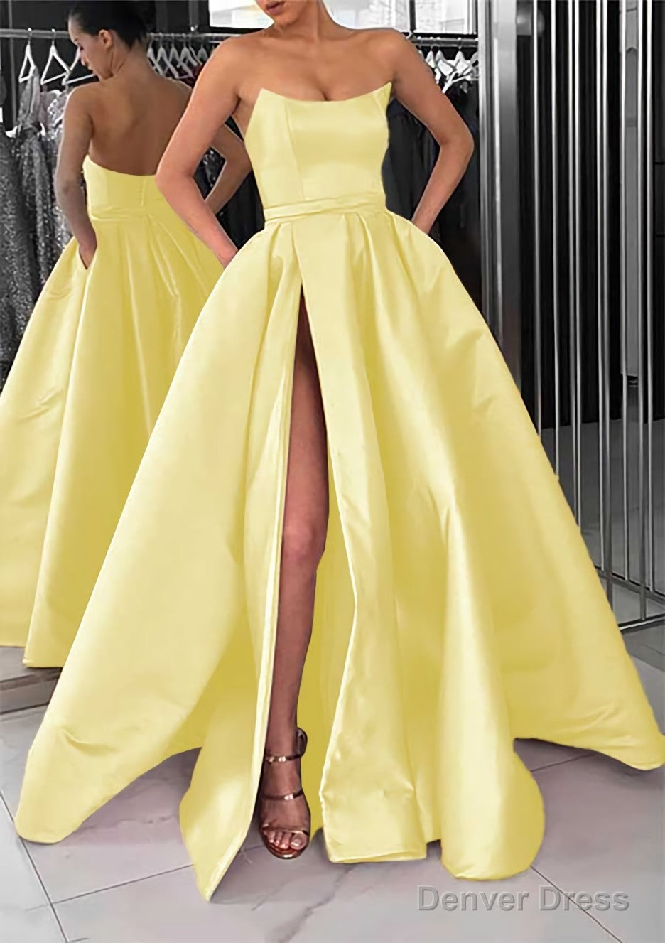 A Line Square Neckline Long Floor Length Satin Prom Dresses With Pockets Split