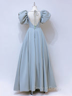 A Line Square Neckline Puff sleeves Long Blue Prom Dress, Blue Long Prom Dresses
