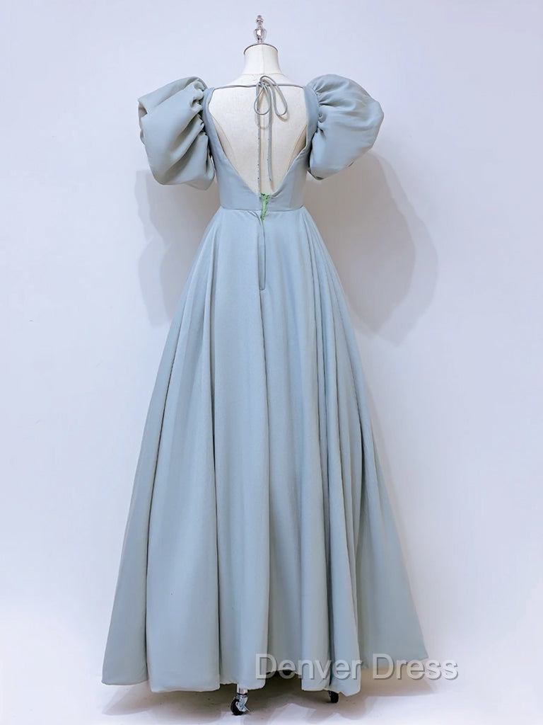 A Line Square Neckline Puff sleeves Long Blue Prom Dress, Blue Long Prom Dresses