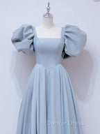 A-Line  Square Neckline Puff sleeves Long Blue Prom Dresses, Blue Long Formal Dresses