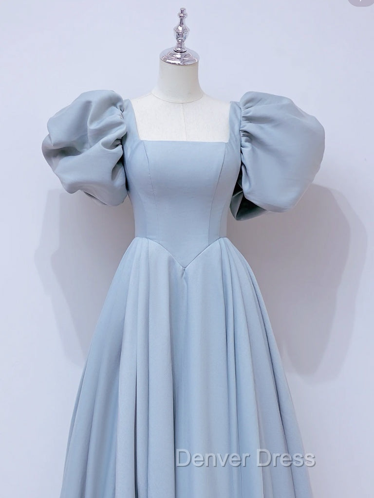 A-Line  Square Neckline Puff sleeves Long Blue Prom Dresses, Blue Long Formal Dresses