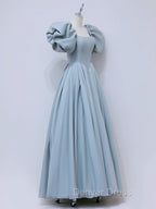 A Line Square Neckline Puff sleeves Long Blue Prom Dress, Blue Long Prom Dresses