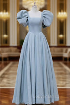 A Line Square Neckline Puff sleeves Long Blue Prom Dress, Blue Long Prom Dresses
