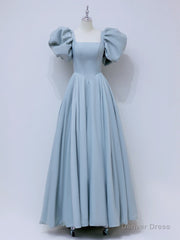 A-Line  Square Neckline Puff sleeves Long Blue Prom Dress, Blue Long Formal Dress