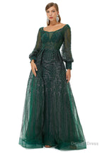 A Line Square Neckline Sequined Floor Length Long Sleeve Open Back Appliques Lace Prom Dresses
