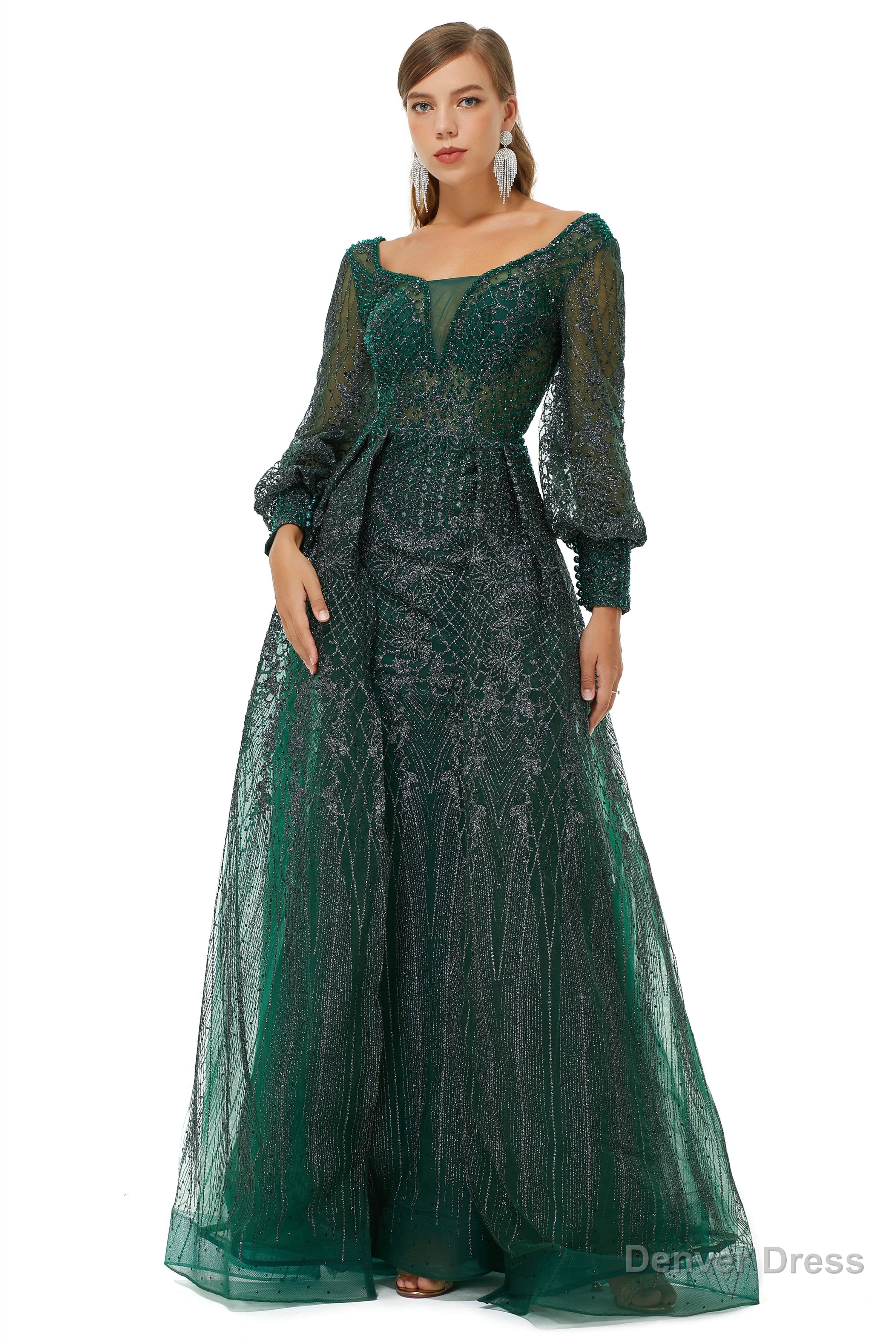 A Line Square Neckline Sequined Floor Length Long Sleeve Open Back Appliques Lace Prom Dresses