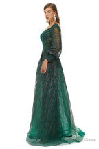 A Line Square Neckline Sequined Floor Length Long Sleeve Open Back Appliques Lace Prom Dresses