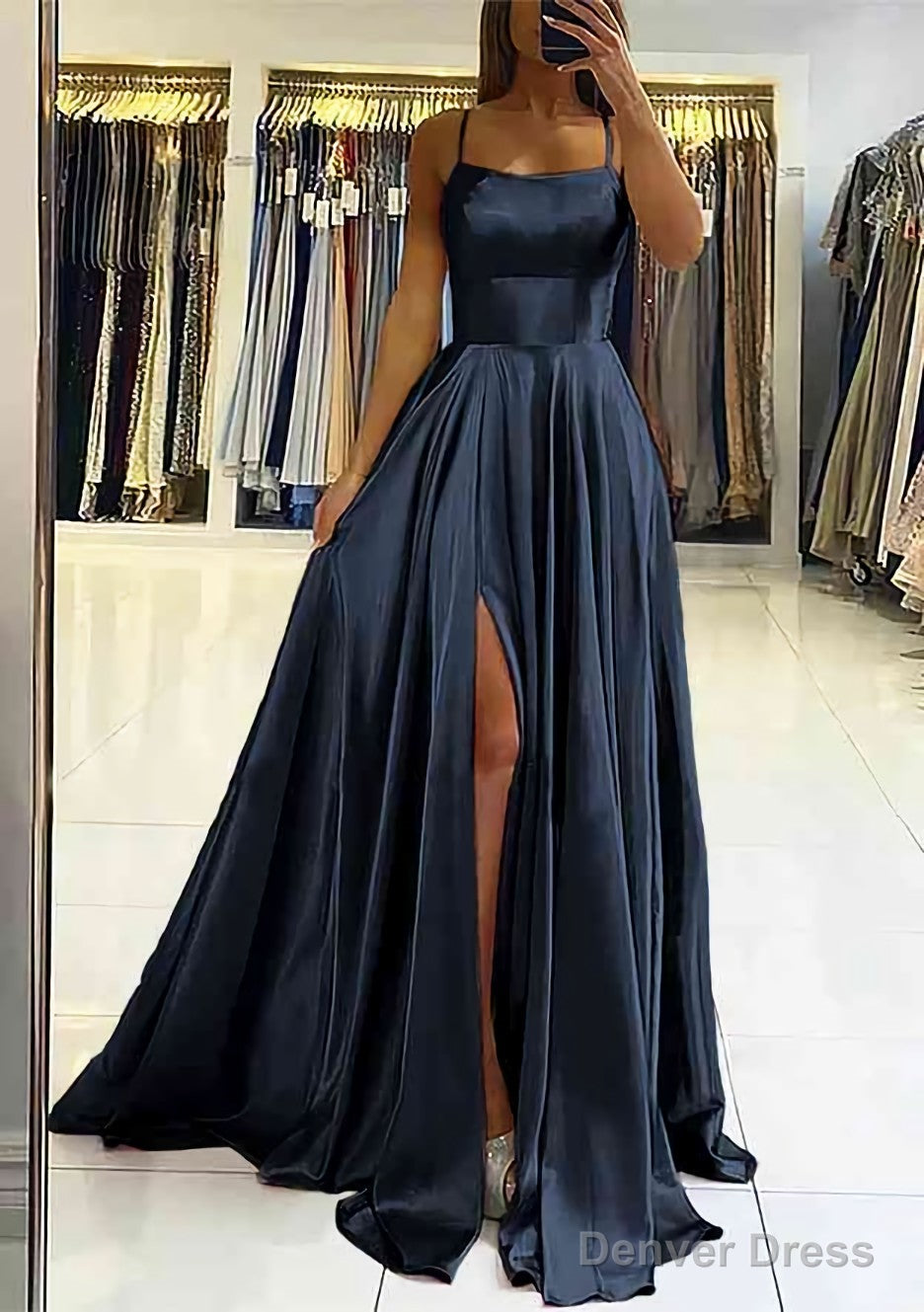 A Line Square Neckline Sleeveless Satin Sweep Train Prom Dresses With Pleated
