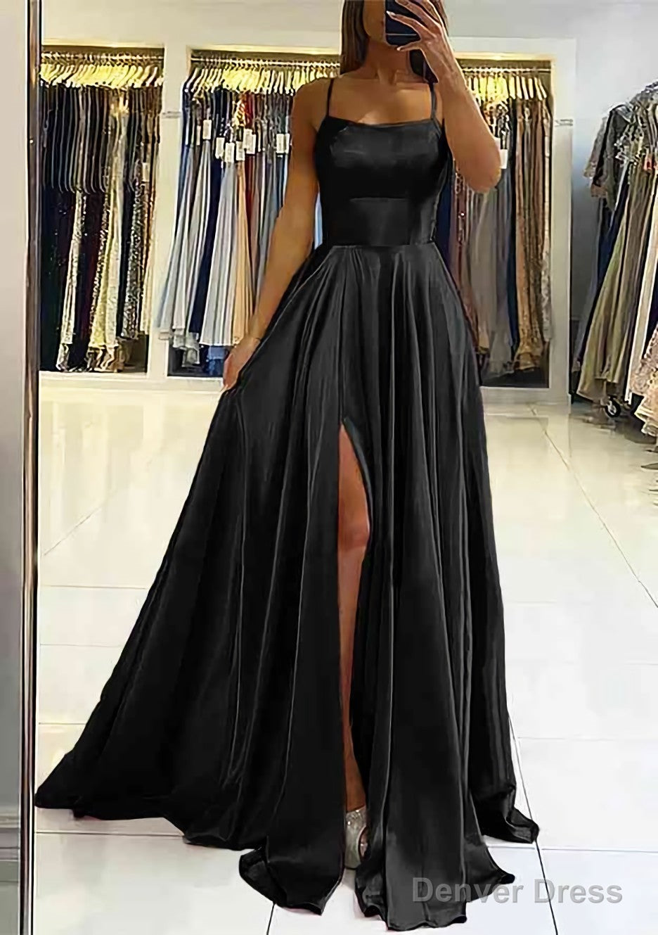 A Line Square Neckline Sleeveless Satin Sweep Train Prom Dresses With Pleated