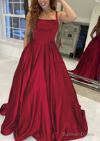 A Line Square Neckline Sleeveless Sweep Train Satin Prom Dresses With Pockets