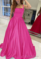 A Line Square Neckline Sleeveless Sweep Train Satin Prom Dresses With Pockets