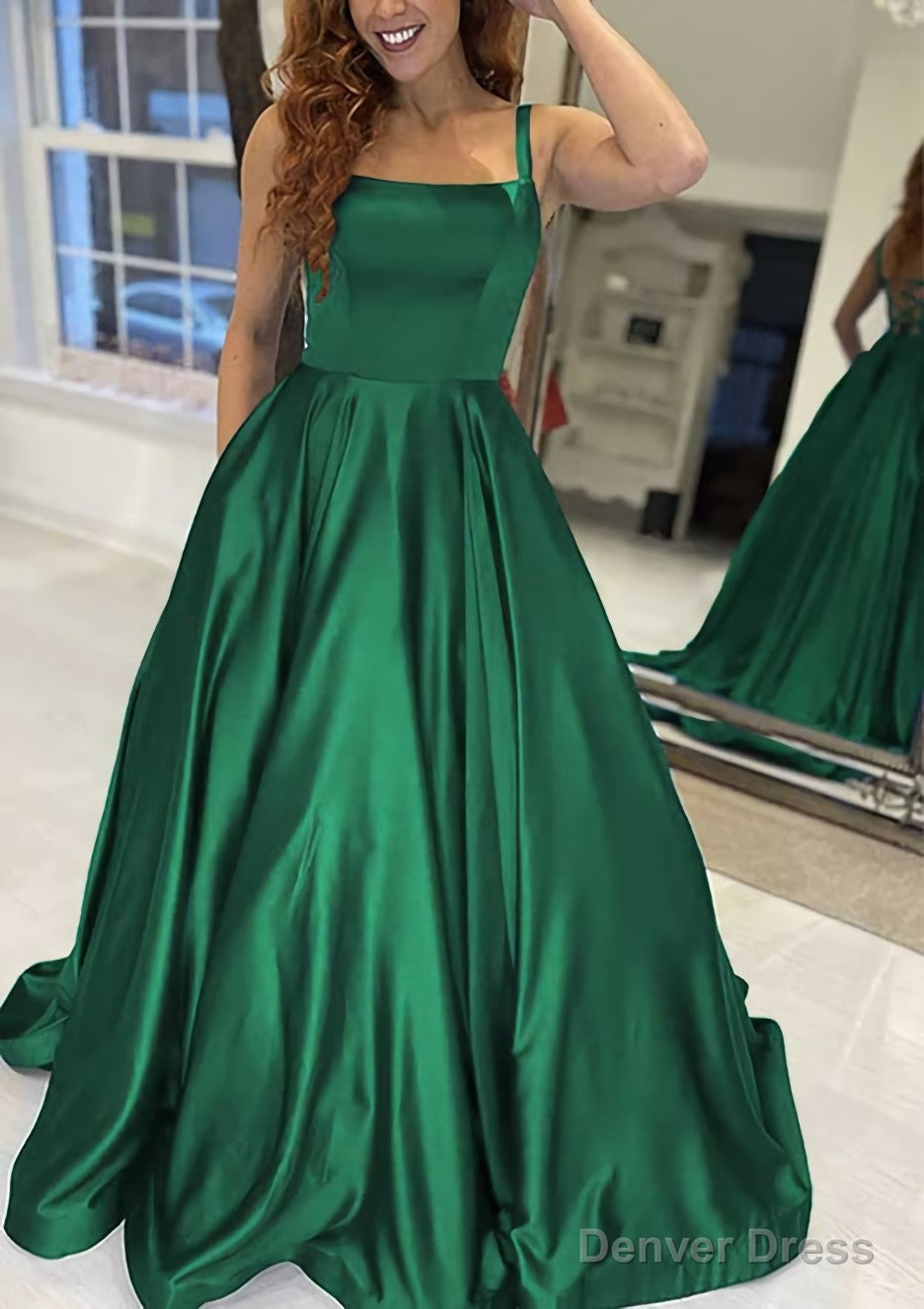 A Line Square Neckline Sleeveless Sweep Train Satin Prom Dresses With Pockets