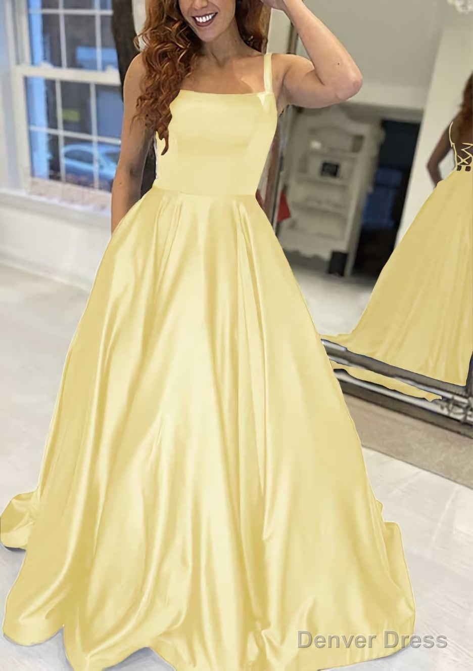 A-line Square Neckline Sleeveless Sweep Train Satin Prom Dresses With Pockets