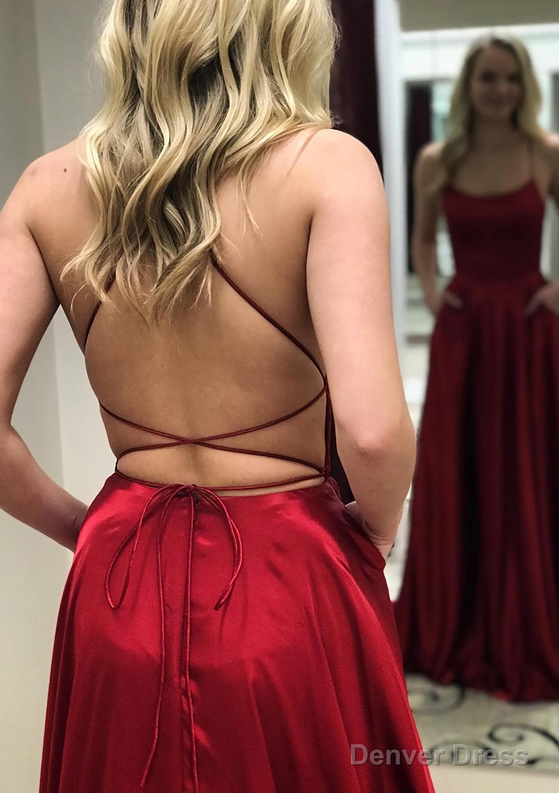 A-line Square Neckline Spaghetti Straps Long/Floor-Length Charmeuse Prom Dresses With Split Main image