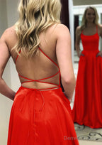 A Line Square Neckline Spaghetti Straps Long Floor Length Charmeuse Prom Dresses With Split