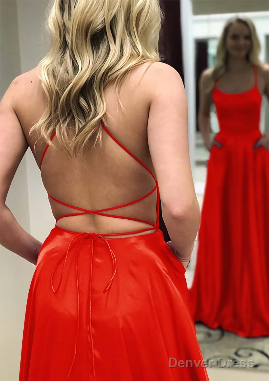 A Line Square Neckline Spaghetti Straps Long Floor Length Charmeuse Prom Dresses With Split