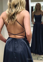A Line Square Neckline Spaghetti Straps Long Floor Length Charmeuse Prom Dresses With Split