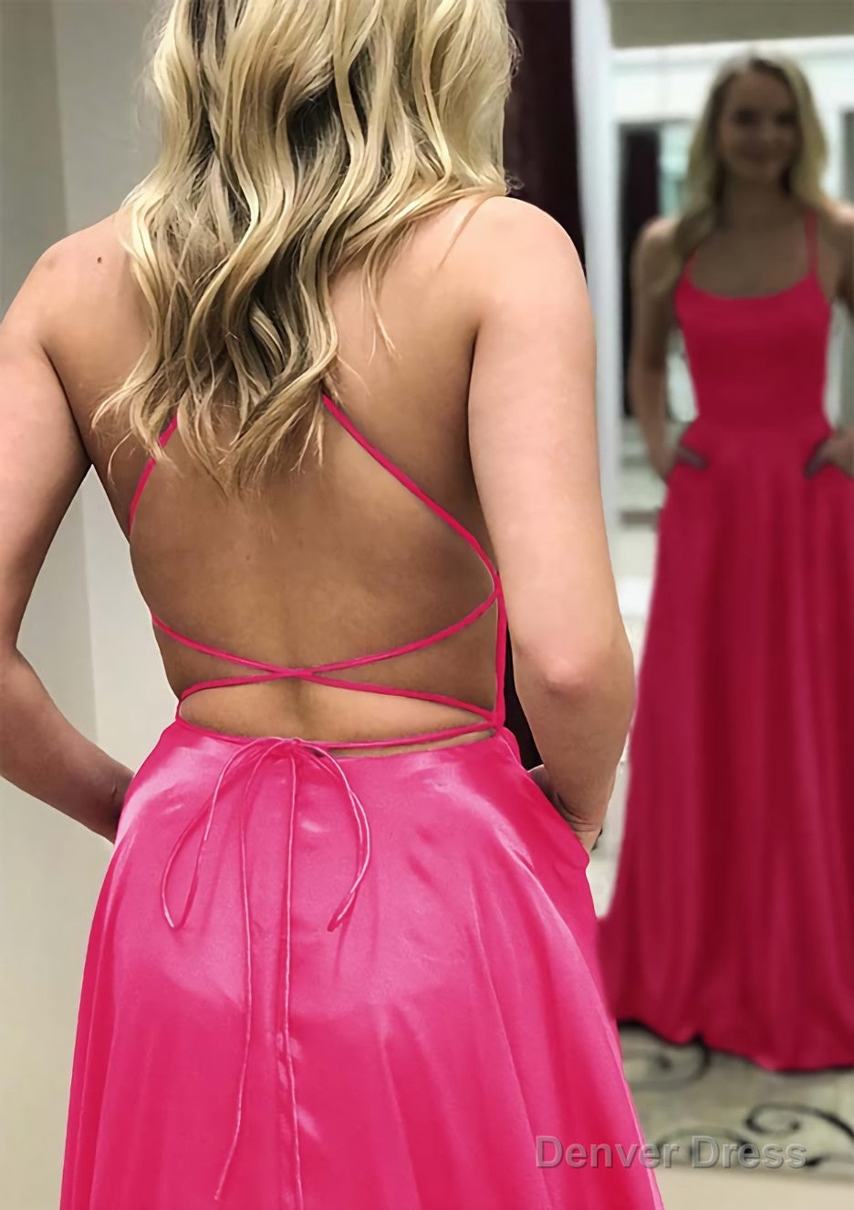 A Line Square Neckline Spaghetti Straps Long Floor Length Charmeuse Prom Dresses With Split