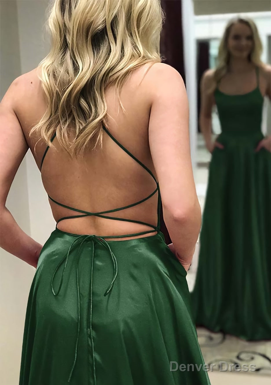 A Line Square Neckline Spaghetti Straps Long Floor Length Charmeuse Prom Dresses With Split