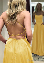 A Line Square Neckline Spaghetti Straps Long Floor Length Charmeuse Prom Dresses With Split