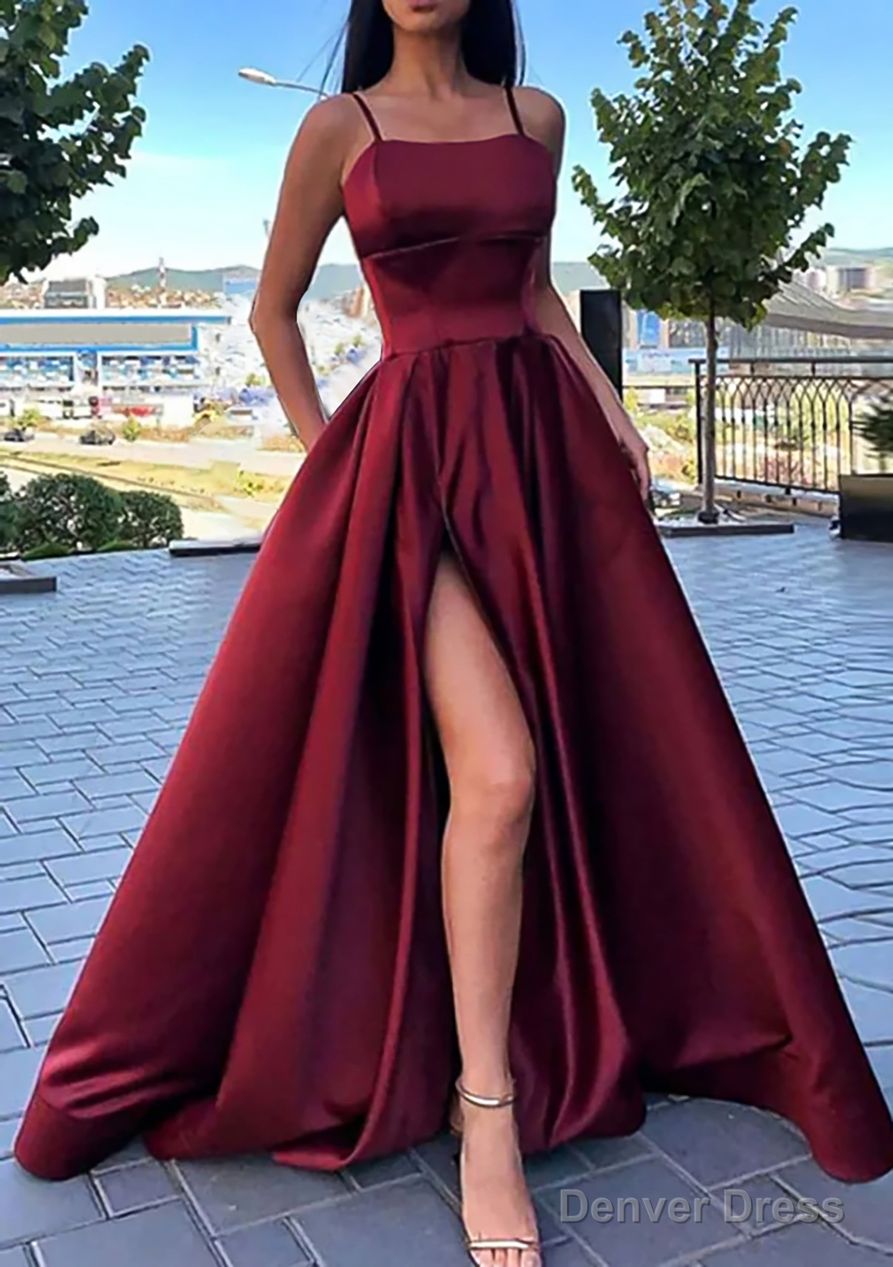 A Line Square Neckline Spaghetti Straps Long Floor Length Satin Prom Dresses With Split Pockets