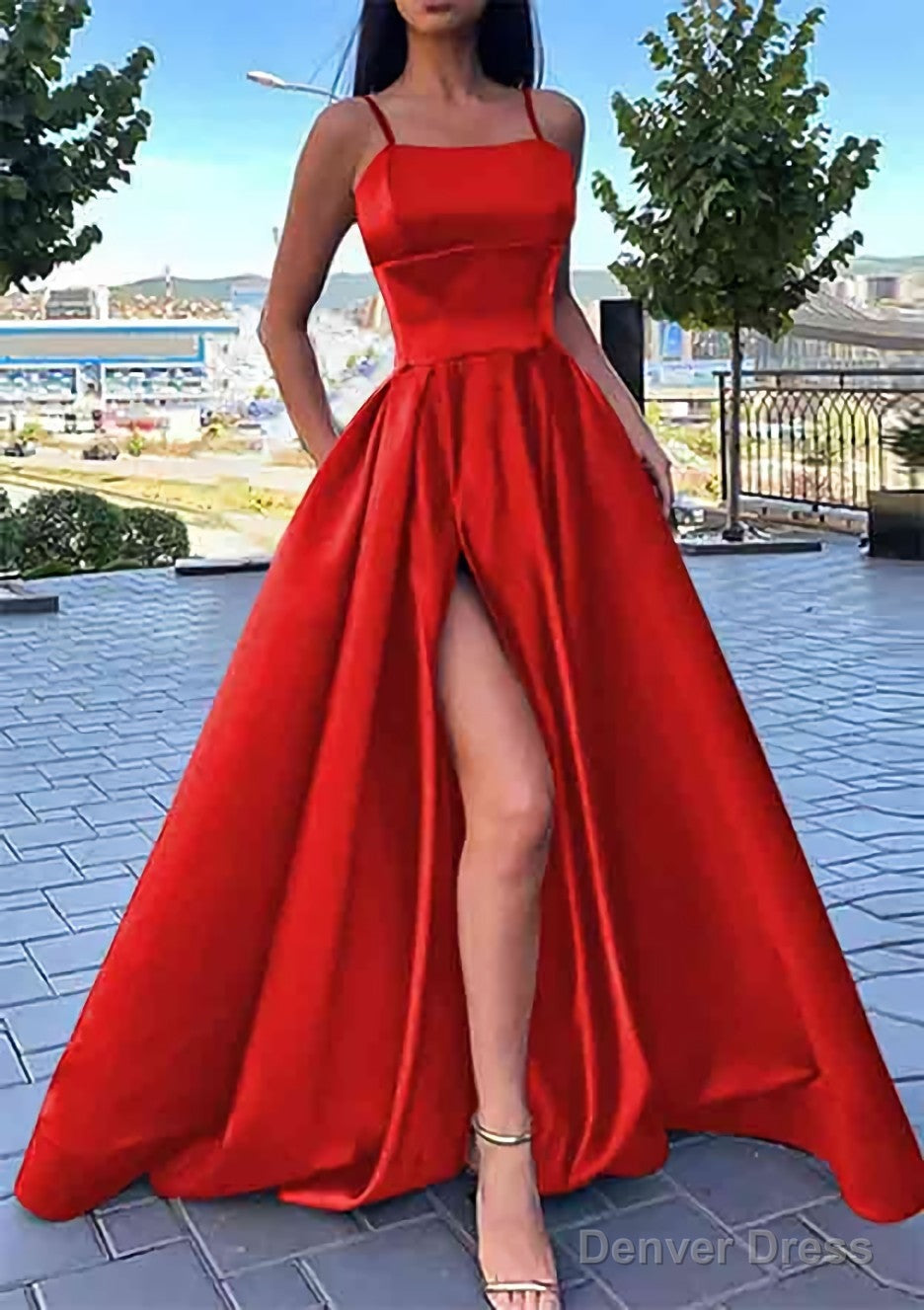 A Line Square Neckline Spaghetti Straps Long Floor Length Satin Prom Dresses With Split Pockets