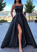 A Line Square Neckline Spaghetti Straps Long Floor Length Satin Prom Dresses With Split Pockets