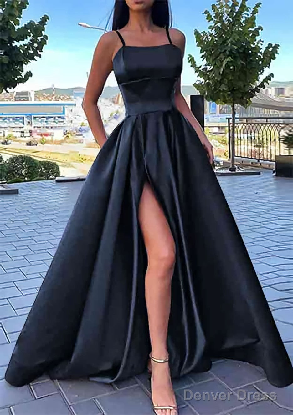 A Line Square Neckline Spaghetti Straps Long Floor Length Satin Prom Dresses With Split Pockets