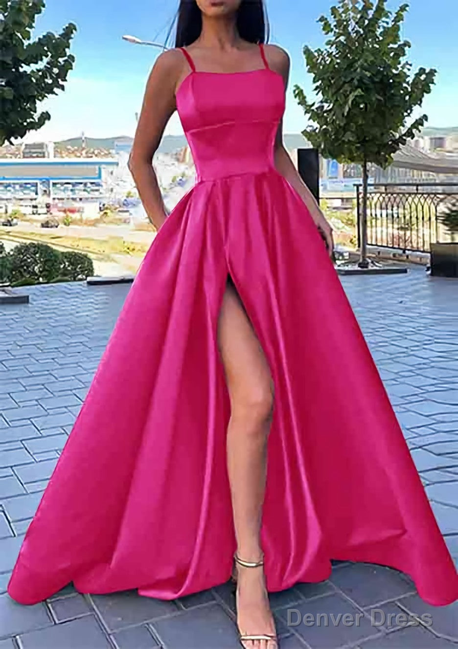 A Line Square Neckline Spaghetti Straps Long Floor Length Satin Prom Dresses With Split Pockets