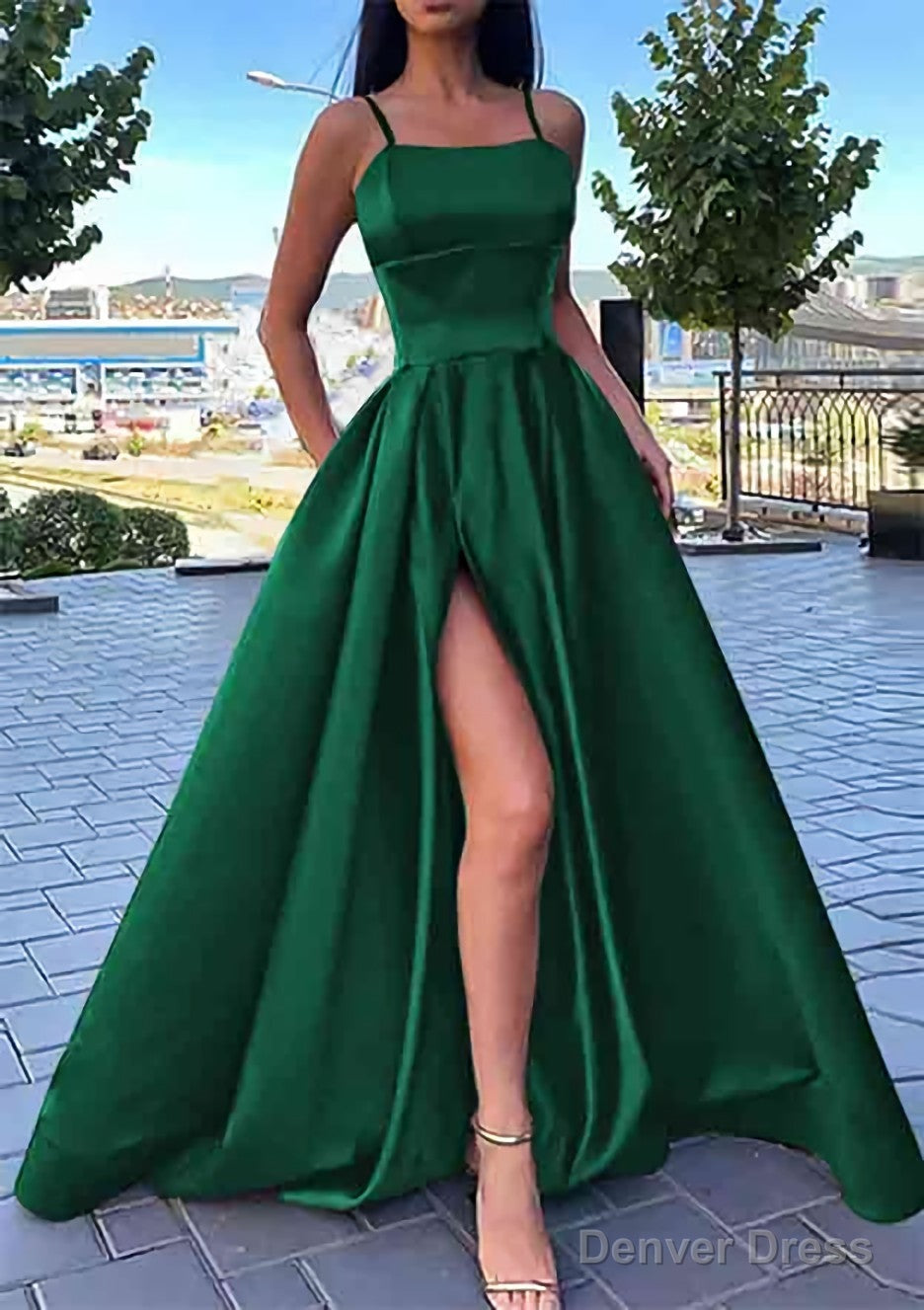 A Line Square Neckline Spaghetti Straps Long Floor Length Satin Prom Dresses With Split Pockets