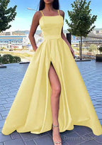 A Line Square Neckline Spaghetti Straps Long Floor Length Satin Prom Dresses With Split Pockets