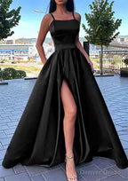 A Line Square Neckline Spaghetti Straps Long Floor Length Satin Prom Dresses With Split Pockets