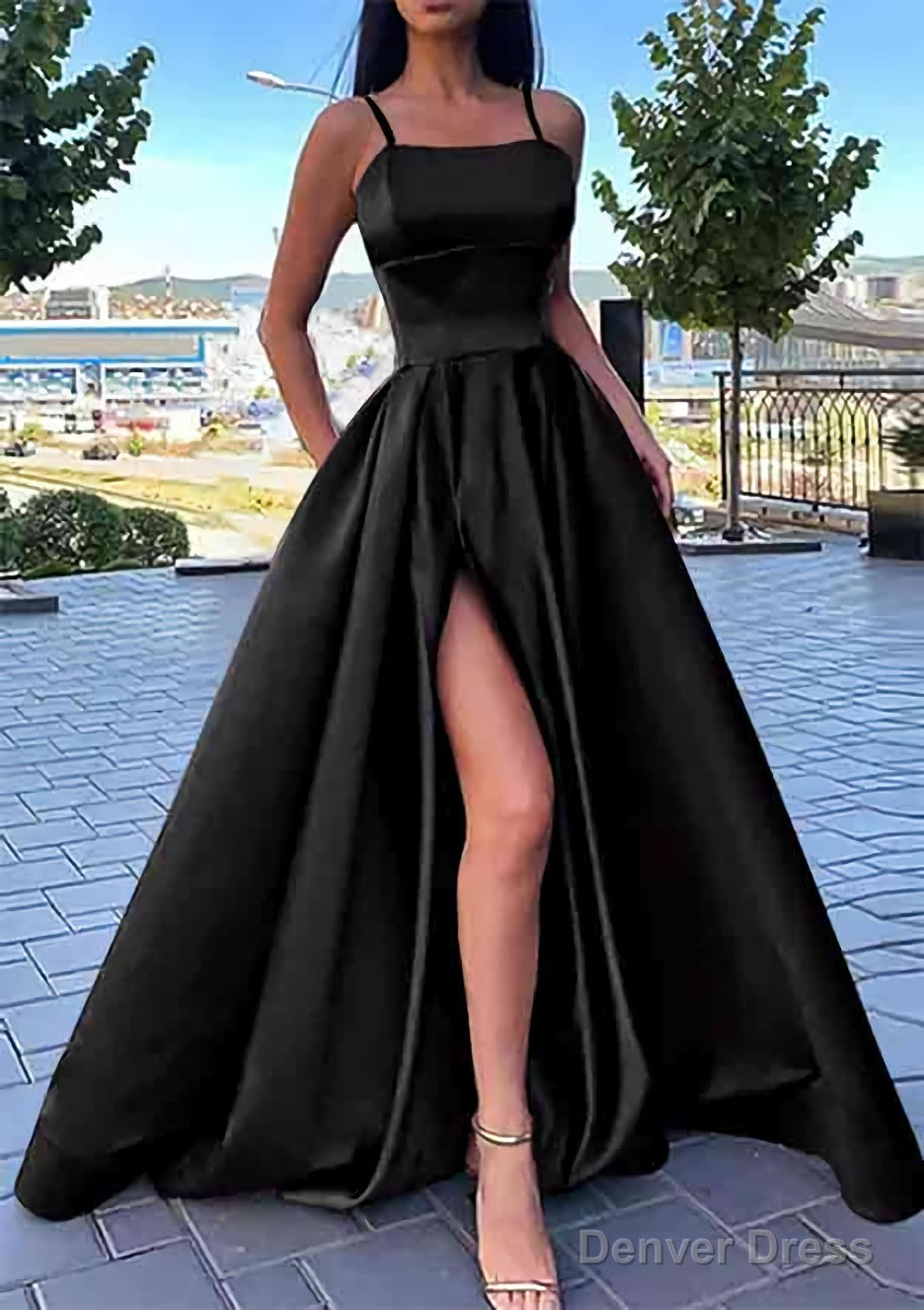 A Line Square Neckline Spaghetti Straps Long Floor Length Satin Prom Dresses With Split Pockets