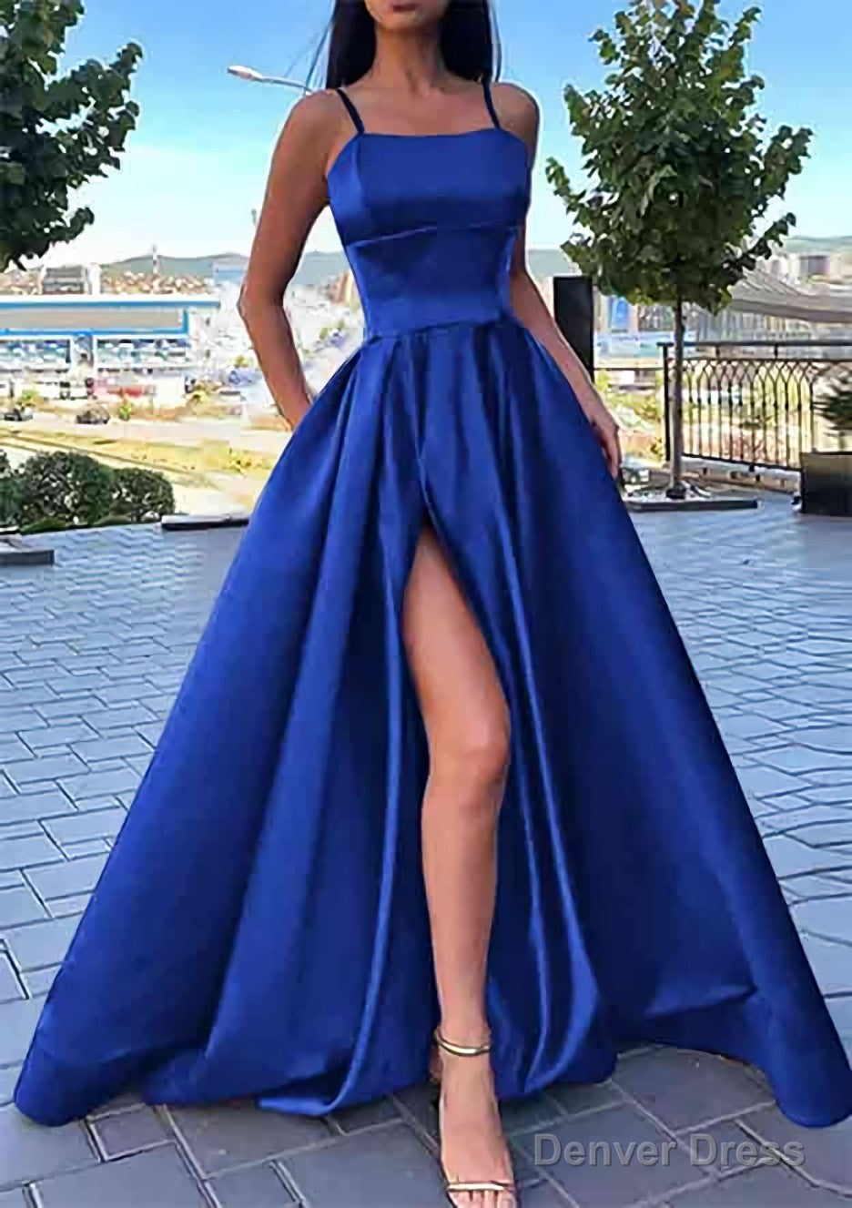 A Line Square Neckline Spaghetti Straps Long Floor Length Satin Prom Dresses With Split Pockets