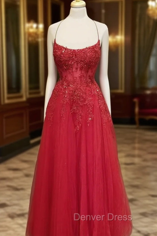 A Line Square Neckline Spaghetti Straps Long Floor Length Tulle Prom Dresses With Appliqued Beading Glitter Main image