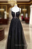 A-line Square Neckline Spaghetti Straps Long/Floor-Length Tulle Prom Dresses With Glitter Beading Appliqued- Prom Dresses