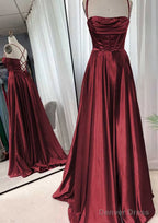 A Line Square Neckline Spaghetti Straps Sweep Train Charmeuse Prom Dresses With Pleated