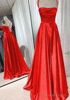 A-line Square Neckline Spaghetti Straps Sweep Train Charmeuse Prom Dresses With Pleated