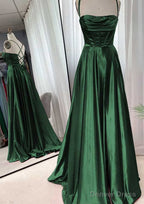 A Line Square Neckline Spaghetti Straps Sweep Train Charmeuse Prom Dresses With Pleated