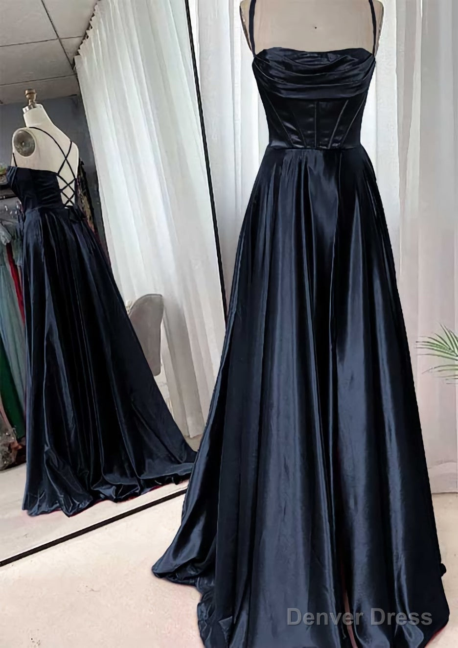 A Line Square Neckline Spaghetti Straps Sweep Train Charmeuse Prom Dresses With Pleated Secondary image
