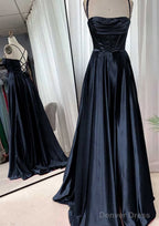 A Line Square Neckline Spaghetti Straps Sweep Train Charmeuse Prom Dresses With Pleated