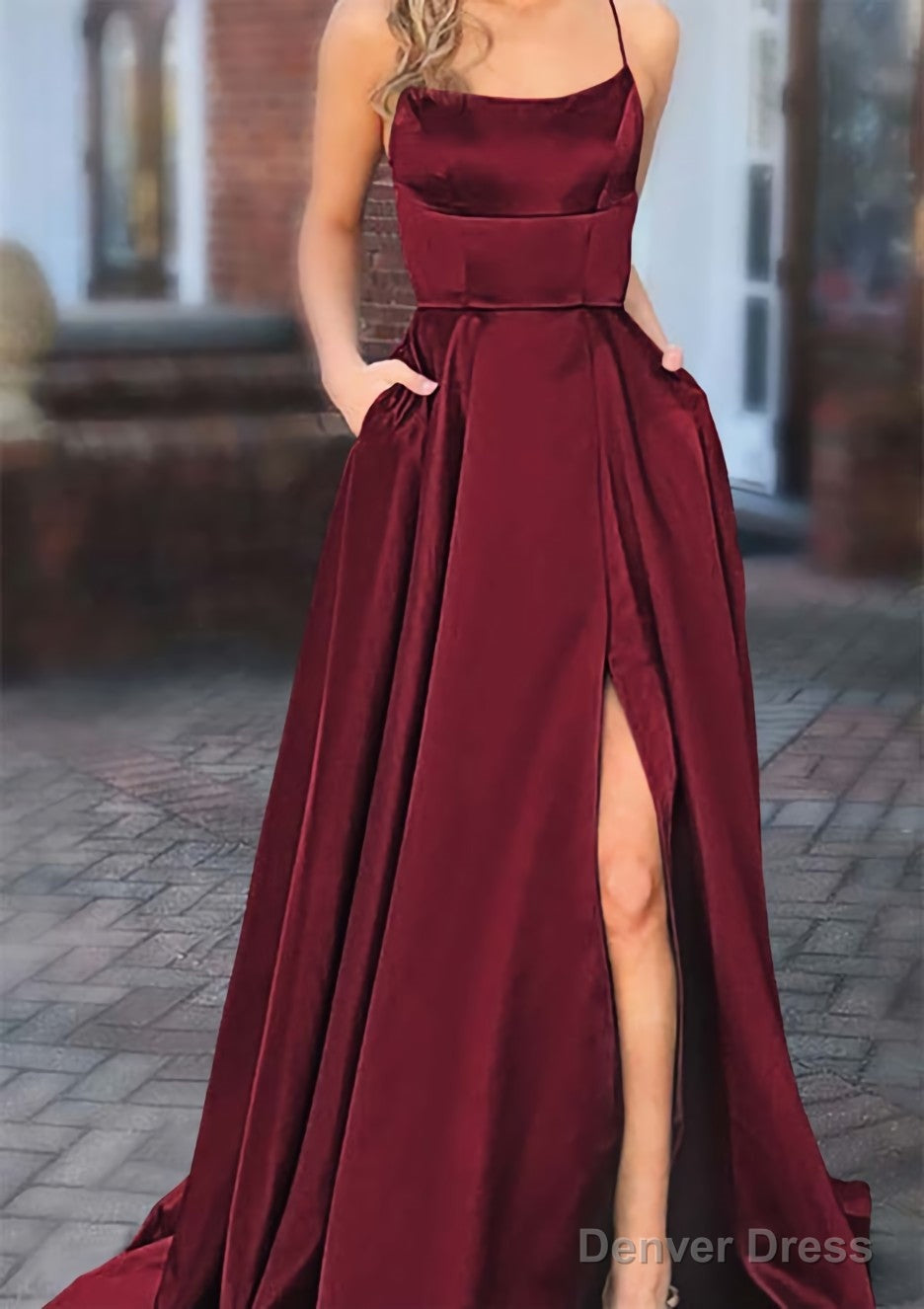 A Line Square Neckline Spaghetti Straps Sweep Train Charmeuse Prom Dresses With Pockets Split