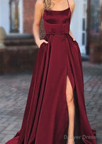 A-line Square Neckline Spaghetti Straps Sweep Train Charmeuse Prom Dresses With Pockets Split