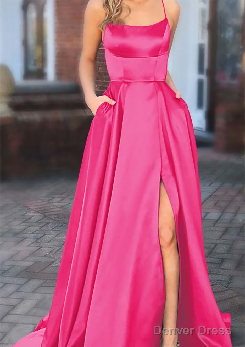 A Line Square Neckline Spaghetti Straps Sweep Train Charmeuse Prom Dresses With Pockets Split