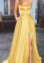 A Line Square Neckline Spaghetti Straps Sweep Train Charmeuse Prom Dresses With Pockets Split